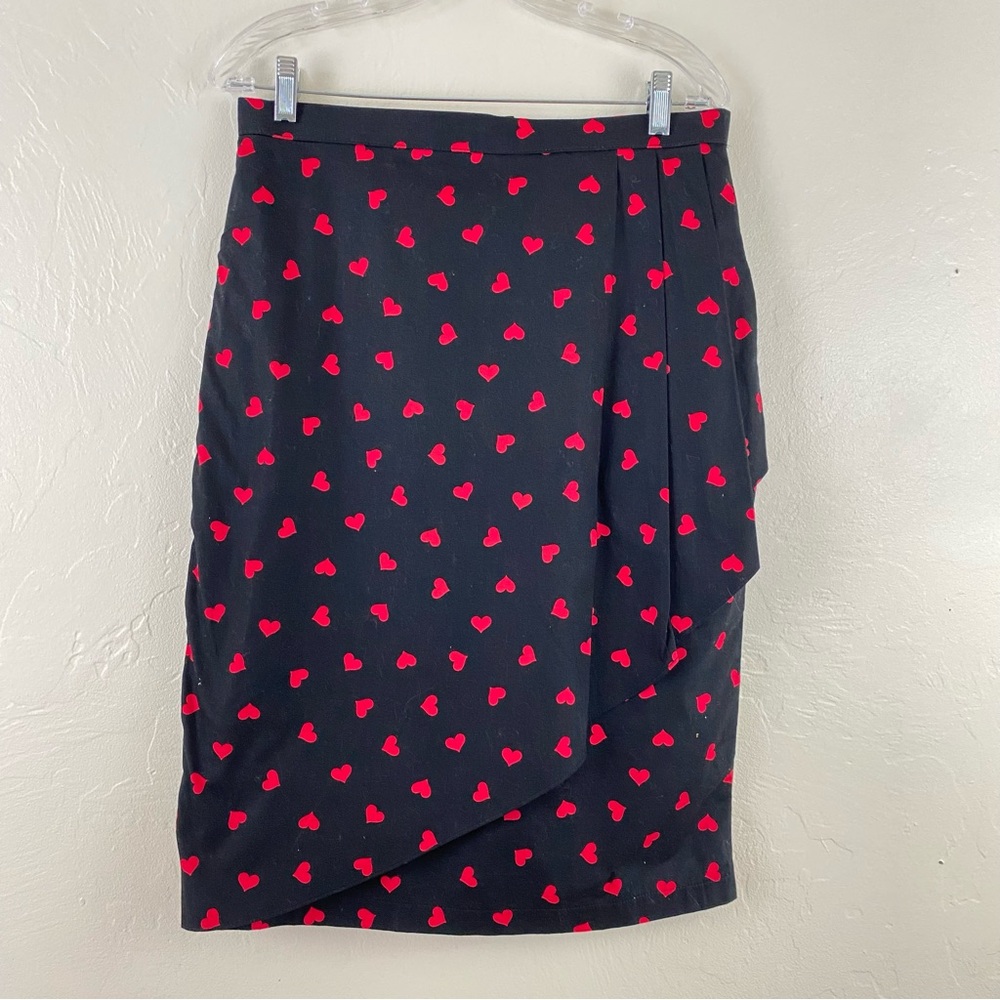 Magnolia Place Size XL Retro Pin-up Black Red Heart Print Side Slit Pencil Skirt